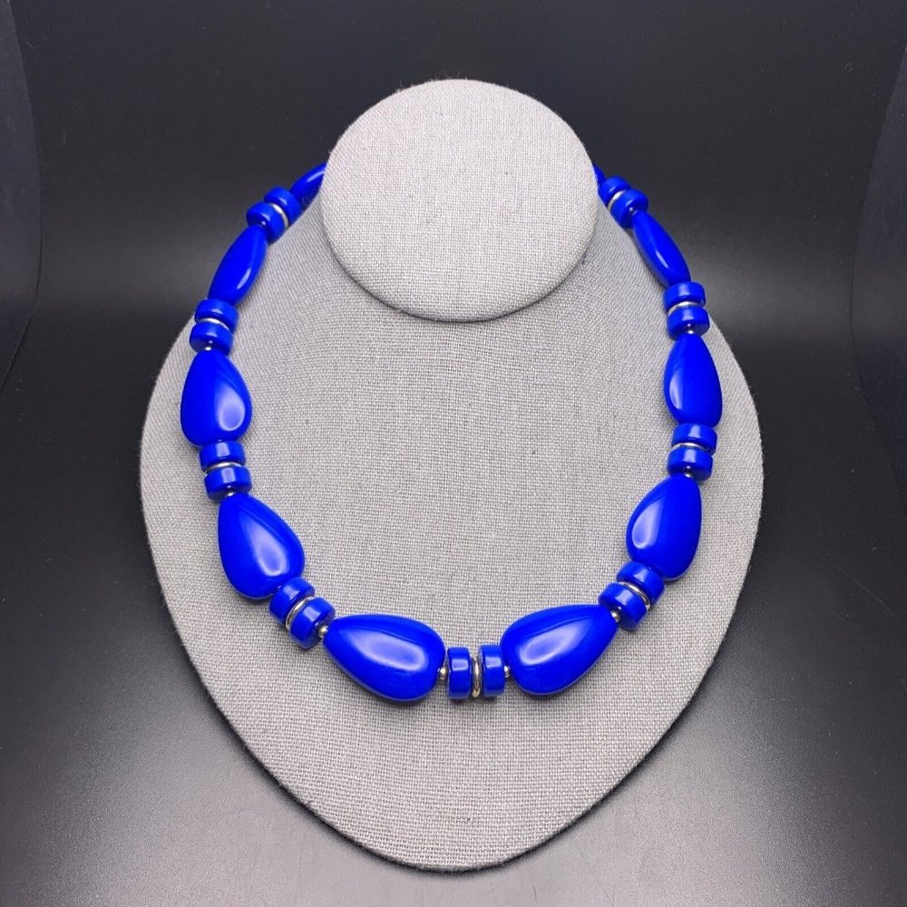 Chunky Beaded Necklace Blue Gold Tone Plastic Bead Bold Classic